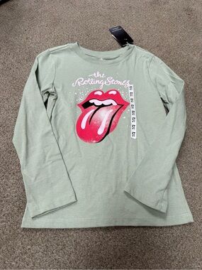the Rolling Stones Sage Green Long-Sleeve Tee with Red Tongue Graphic